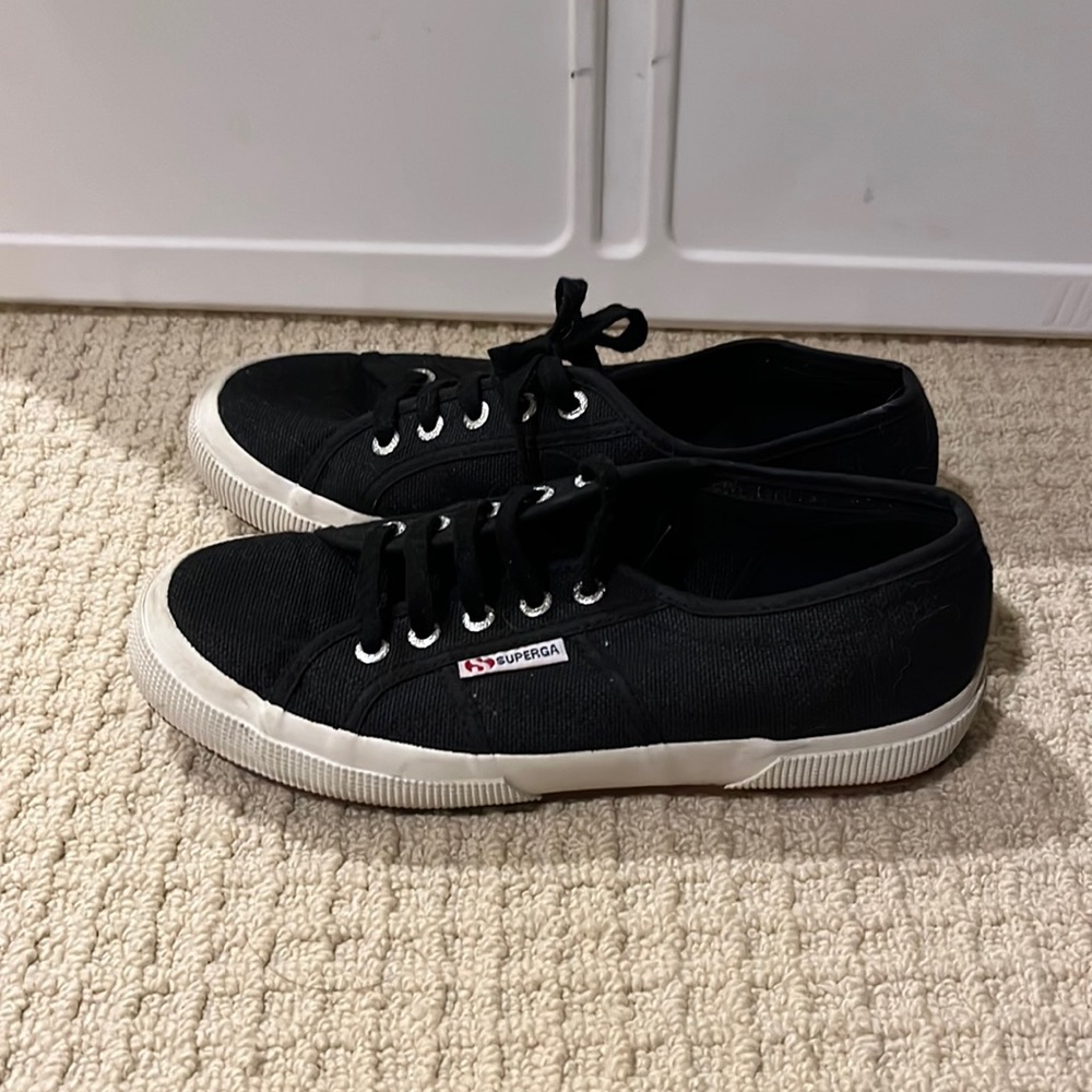 Women’s size 7.5. Black canvas Superga sneakers.